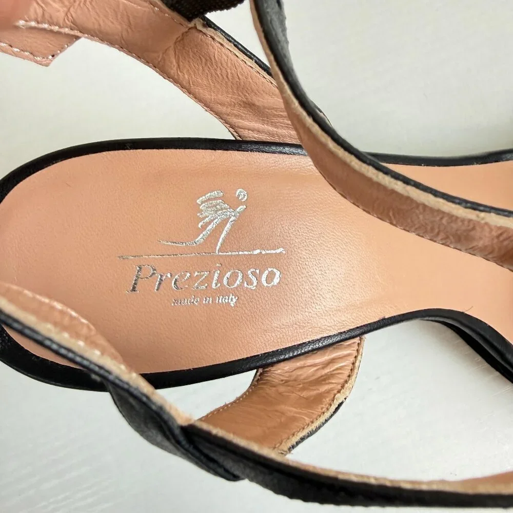 Prezioso Black Leather Stack Heel Sandals Made In Italy